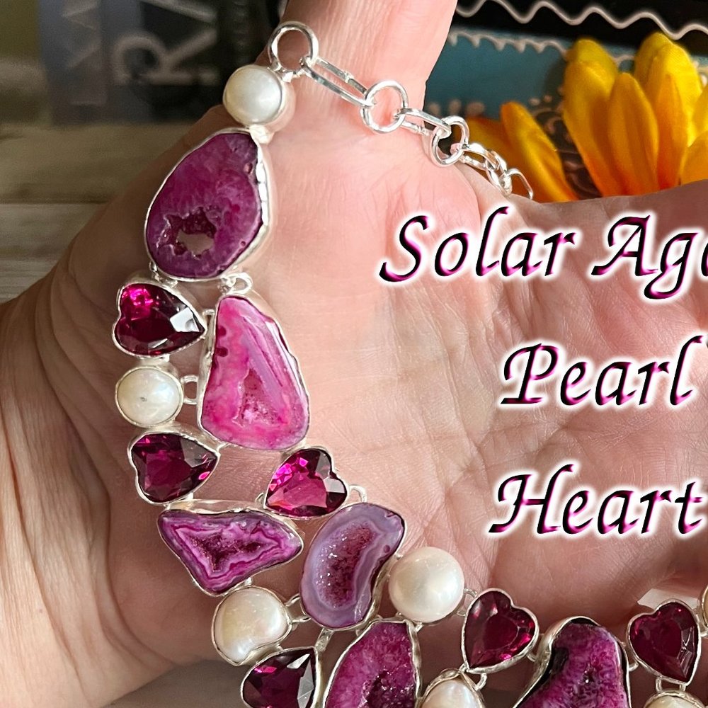 Solar Agate Pearl Heart Necklace Handmade Stone Gemstone 925 Silver Large Ethnic - Picture 6 of 15